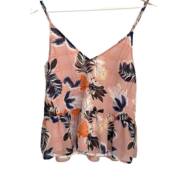 A New Day Ruffled Hem Floral Layered Tank Pink|Blue|Orange w/plaid liner. XS - Picture 3 of 9